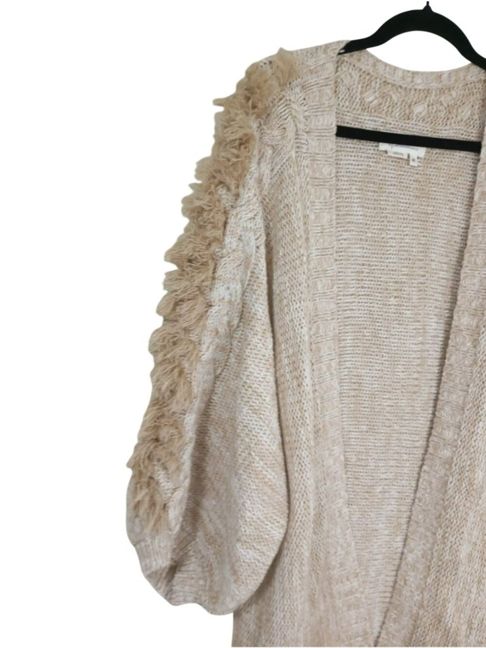 Anthropologie Chunky Knit Fringe Sleeve Open Front Cardigan One Size Beige/Tan - Picture 6 of 12